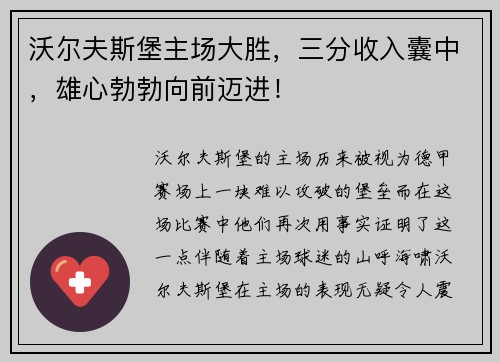 沃尔夫斯堡主场大胜，三分收入囊中，雄心勃勃向前迈进！